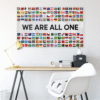 world flags grid rave flag with WE ARE ALL ONE text hanging above desk setup