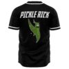 Black galaxy baseball jersey back view with cartoon pickle mascot and Pickle Rick text
