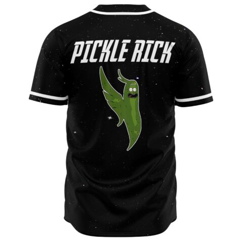 Black galaxy baseball jersey back view with cartoon pickle mascot and Pickle Rick text