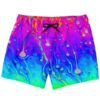 Hot pink dripping fluid rave swim trunks in a flat lay front view
