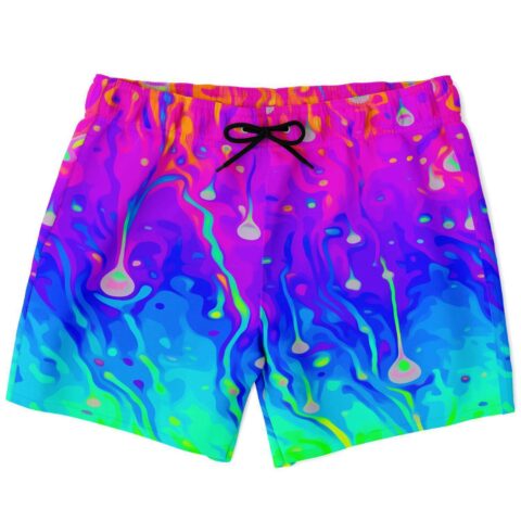 Hot pink dripping fluid rave swim trunks in a flat lay front view