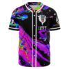 Black psychedelic liquid rave baseball jersey with cartoon-style mandrill face and LLTFT text on front