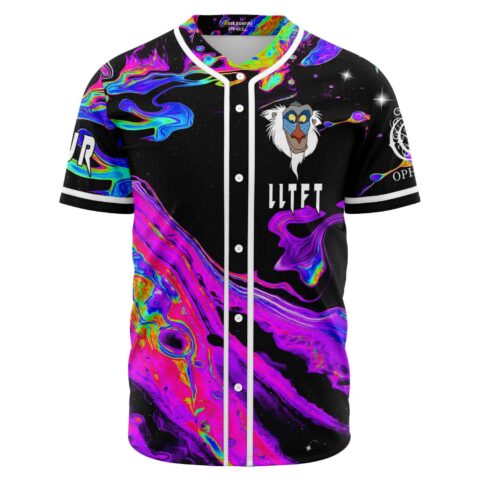 Black psychedelic liquid rave baseball jersey with cartoon-style mandrill face and LLTFT text on front
