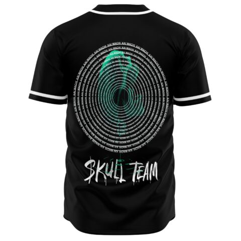 Back view of skull jersey with spiral Kai Wachi text vortex and Skull Team logo