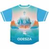 Surreal figure emerging from water with skyline and boat design, back view of blue jersey