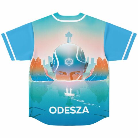 Surreal figure emerging from water with skyline and boat design, back view of blue jersey