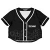 Black techno for life rave crop top, front view, geometric designs with white accents