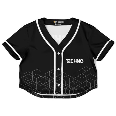 Black crop top jersey with geometric designs and white accents