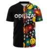Half black half daisy smiley print baseball jersey with dripping ODESZA text, front view