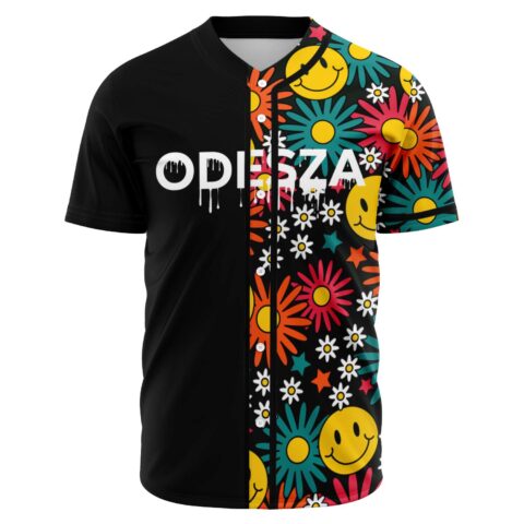 Half black half daisy smiley print baseball jersey with dripping ODESZA text, front view