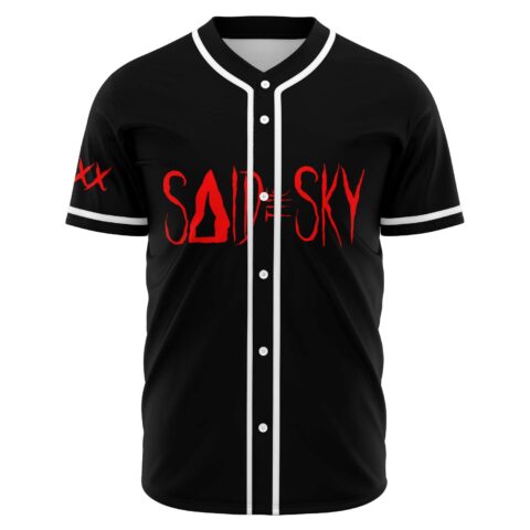 Black rave baseball jersey with red Said The Sky text on front, white trim