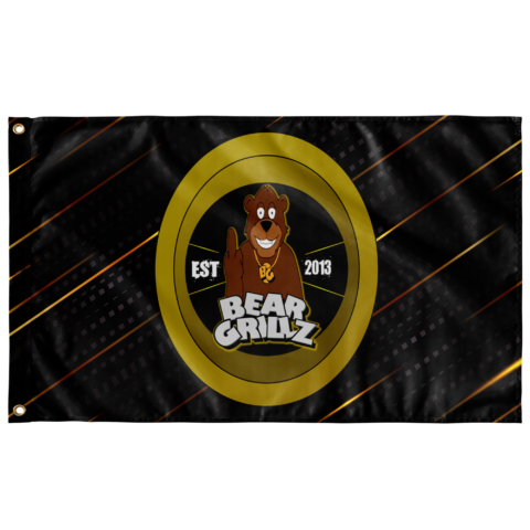 Bear Grillz rave flag with cartoon bear mascot in gold ring on black gold streak