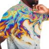 Collar close-up of the rave button-down shirt showing the vibrant swirled pattern