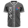 Charcoal rave baseball jersey with tie-dye triangle logo and vertical text on chest, front view