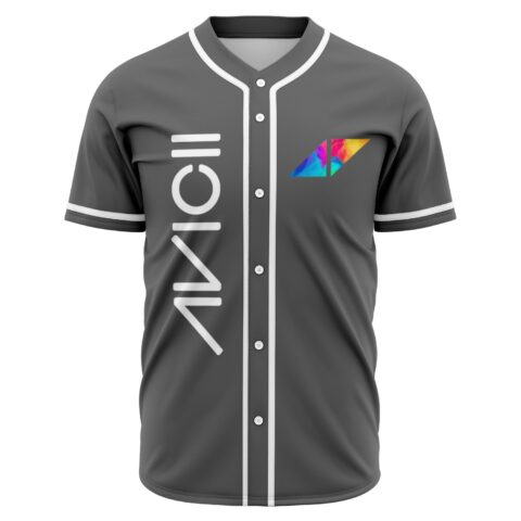 Charcoal rave baseball jersey with tie-dye triangle logo and vertical text on chest, front view