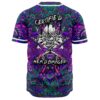 Purple grinning skull rave baseball jersey back view showing teal and violet abstract pattern