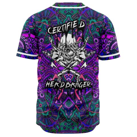 Purple grinning skull rave baseball jersey back view showing teal and violet abstract pattern
