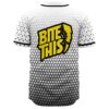Bite This graphic printed across the back yoke of black and white triangle gradient jersey