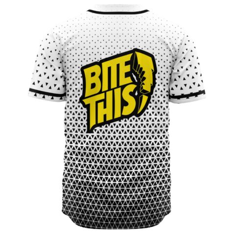 Bite This graphic printed across the back yoke of black and white triangle gradient jersey