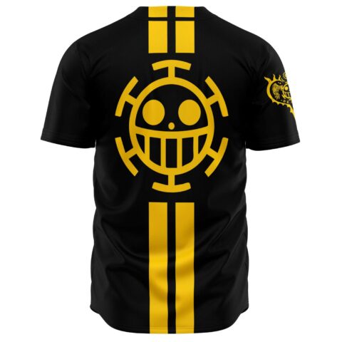 Grinning skull logo centered on back with bold yellow stripe down the spine