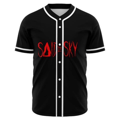 Front view of black rave baseball jersey with red Said The Sky text graphic