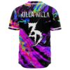 Back view of oil slick swirl print jersey with Killa Killa text and clawed number