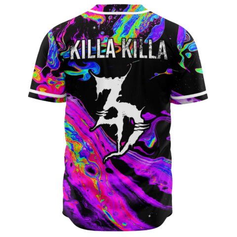 Back view of oil slick swirl print jersey with Killa Killa text and clawed number