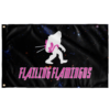 Bigfoot silhouette holding pink flamingo on black galaxy rave flag with flailing flamingos text
