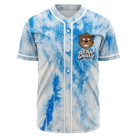 Blue white tie dye Bear Grillz baseball jersey with cartoon bear face, front view