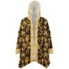 Black skull rave cloak worn open, showing the gold floral pattern