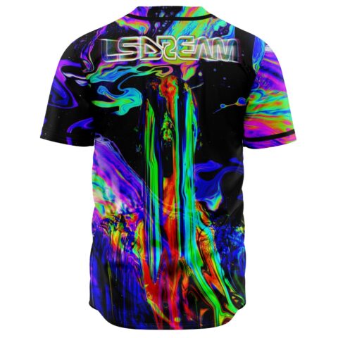 Back view of black rave jersey showing dripping neon oil swirl design under LSDREAM logo
