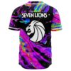 Back of rave jersey with Seven Lions text above lion emblem on oil slick print