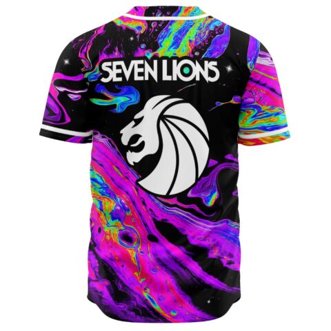 Back of rave jersey with Seven Lions text above lion emblem on oil slick print