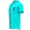 Side angle of turquoise baseball jersey showing button placket and chest text detail