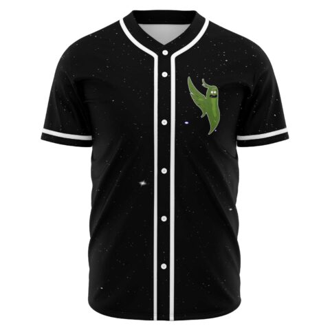 Black galaxy rave baseball jersey front view with green cartoon pickle chest patch