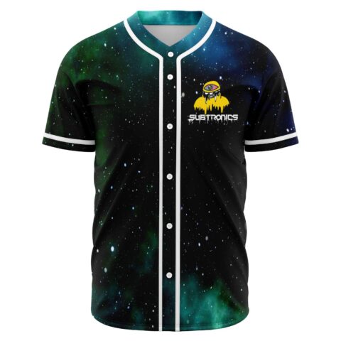 Subtronics baseball jersey in black galaxy starfield print with yellow eye logo on chest