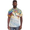 Portrait view of the psychedelic pattern rave button-down shirt, short sleeve