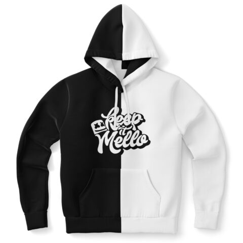 black and white split hoodie with Keep It Mello script text and marshmallow face icon
