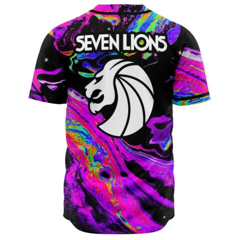 Back view showing Seven Lions text above lion logo on oil slick rainbow swirl design