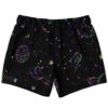 Neon galaxy print swim trunks with glowing rockets and stars back view