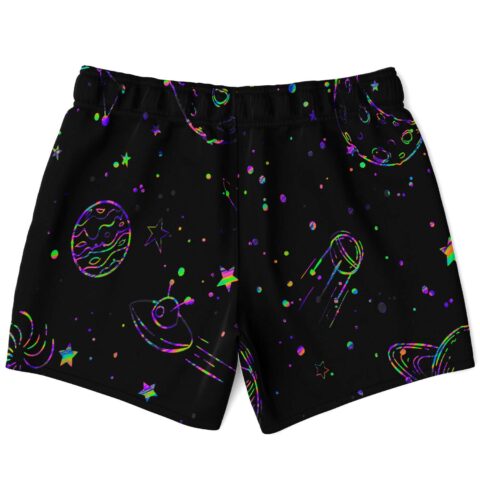 Neon galaxy print swim trunks with glowing rockets and stars back view
