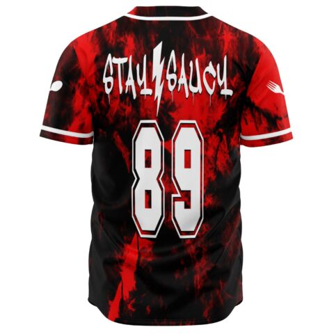 Back view of tie dye jersey with Stay Saucy lightning text and number 89