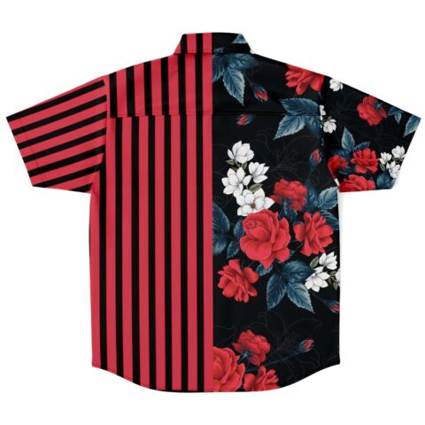 Back of the rave button-down shirt with red roses on one half and red and black stripes on the other