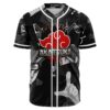 Front view of black Akatsuki jersey with red cloud emblem and grayscale ninja graphics