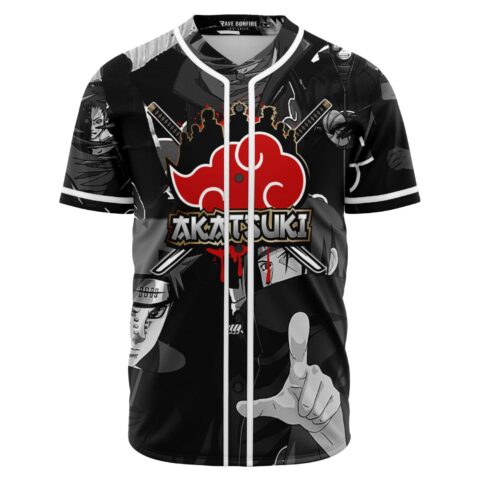 Front view of black Akatsuki jersey with red cloud emblem and grayscale ninja graphics