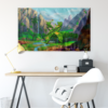 Jungle rave flag hung above a desk showing waterfall canyon scene and leafy X design