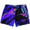 Black marbled oil rave swim trunks with neon purple and green swirl front view