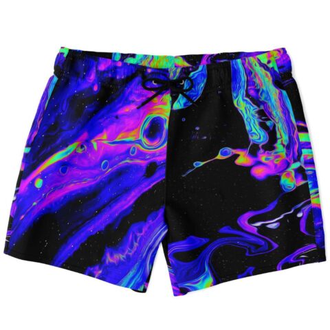 Black marbled oil rave swim trunks with neon purple and green swirl front view