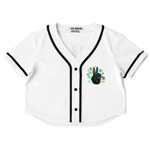Front view of white crop top jersey with colorful peace design
