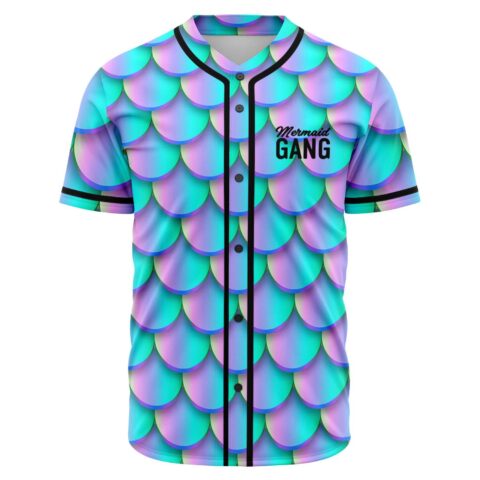 Teal and purple mermaid scale print baseball jersey front view with Mermaid Gang chest logo